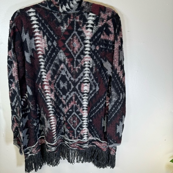 Lucky Brand tribal print kimono fringe Aztec sweater red black medium SP206 - Picture 8 of 11